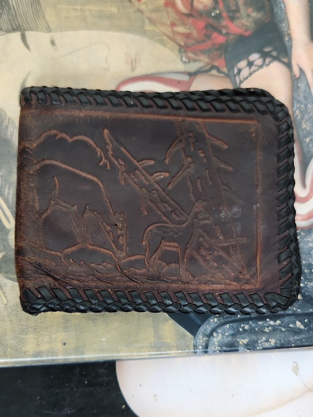 Handcrafted Brown hand-tooled Leather Bifold Wallet with Western cowboy-themed